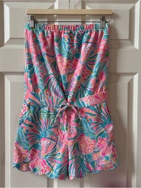 Lilly Pulitzer Floral Strapless Romper in Pink & Aqua size women’s small